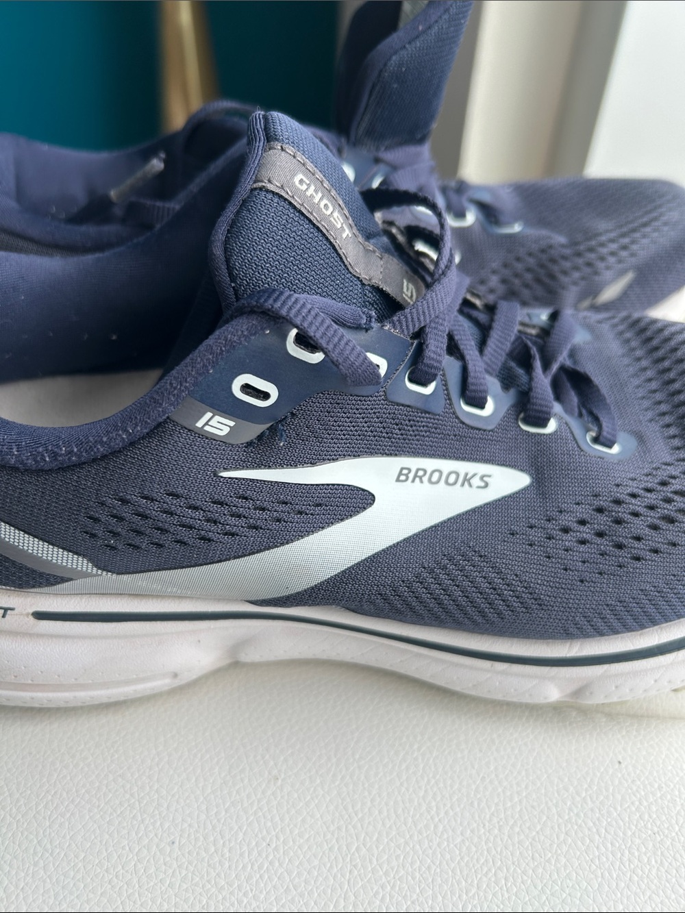 Brooks women's running shoes - navy and white ghost 15.